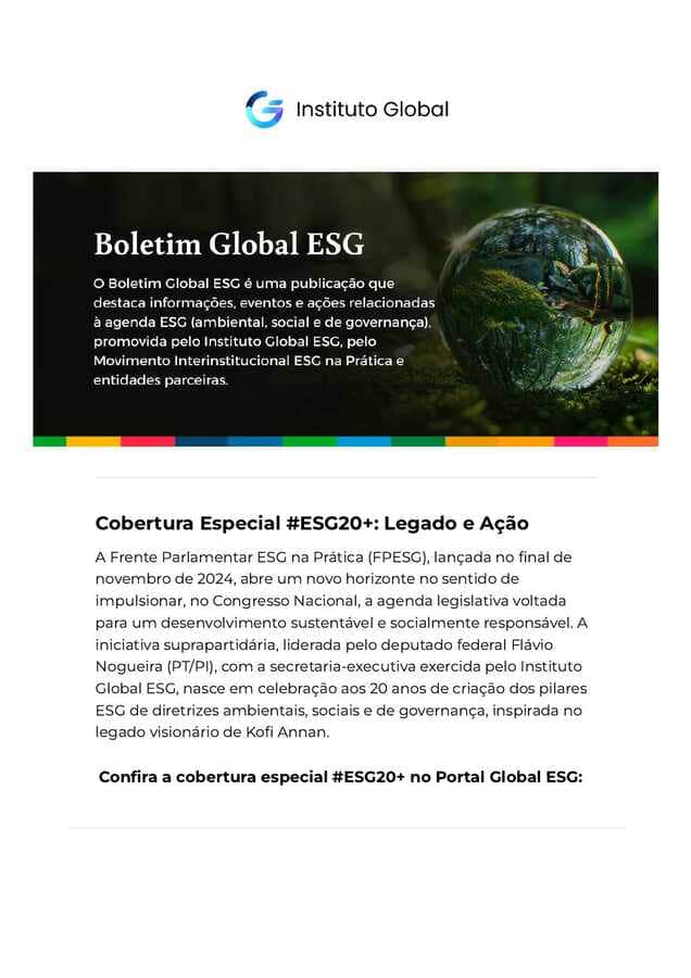 Primeira página do boletim Cobertura Especial #ESG20+: Legado e Ação
