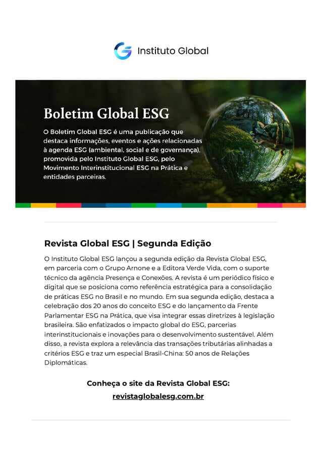 Primeira página do boletim Revista Global ESG | Segunda Edição