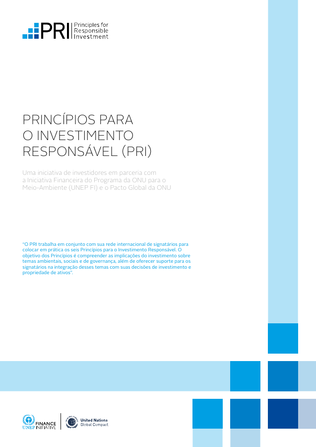 Capa do documento Princípios para o Investimento Responsável, com identificação PRI, UNEP FI e Pacto Global da ONU