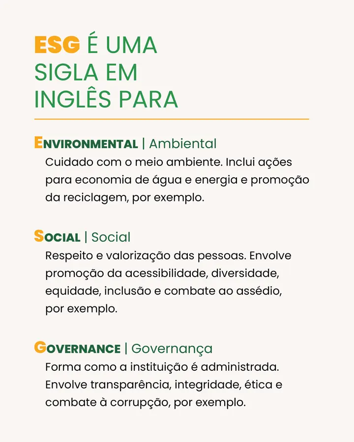 Página que explica as dimensões ambiental, social e governança da sigla ESG.