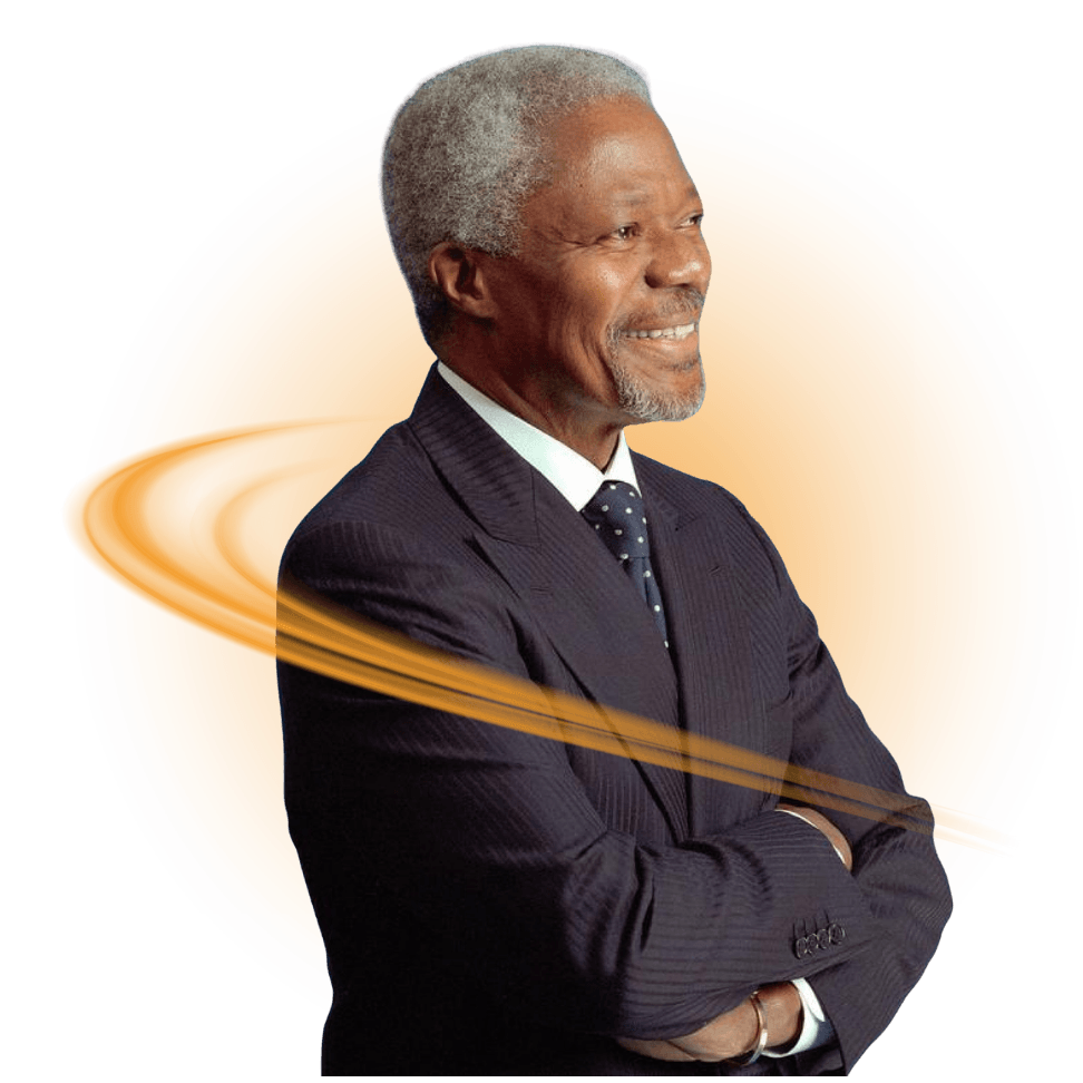 Kofi Annan sorrindo, com os braços cruzados e elemento gráfico dourado