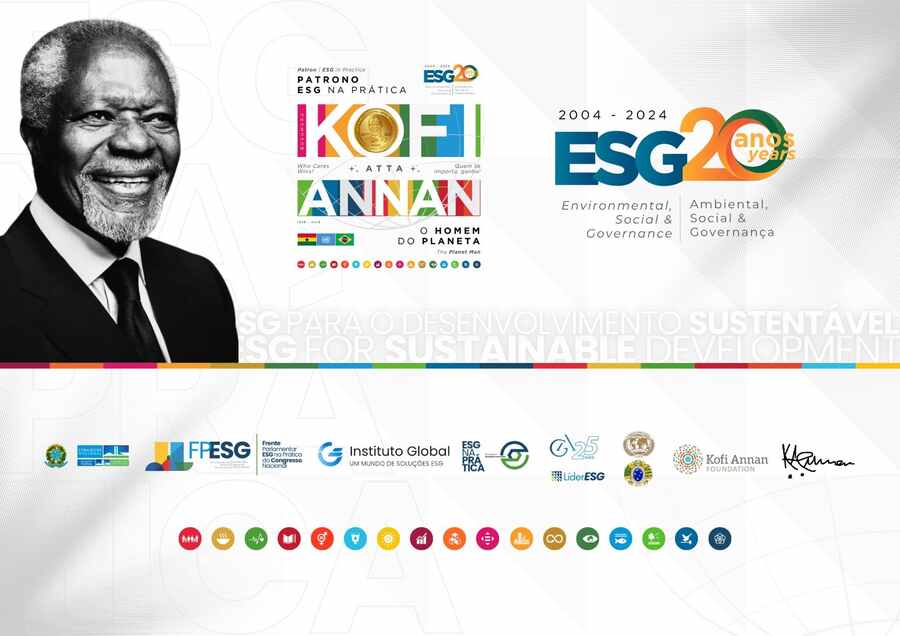 Composição institucional dedicada ao legado de Kofi Annan e aos 20 anos do ESG