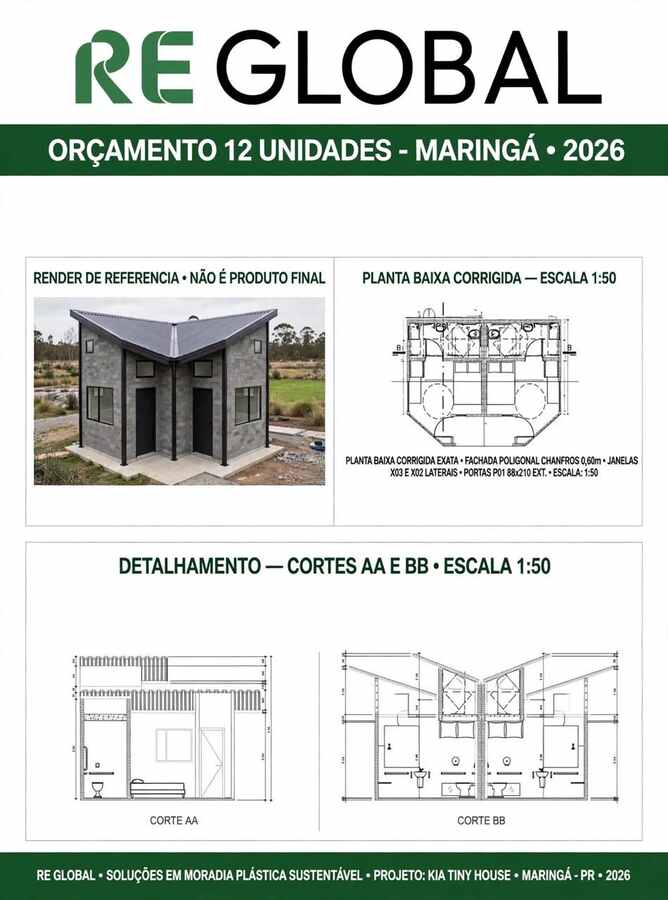 Prancha preliminar do primeiro protótipo RE GLOBAL para 12 unidades em Maringá, com render, planta baixa e cortes técnicos