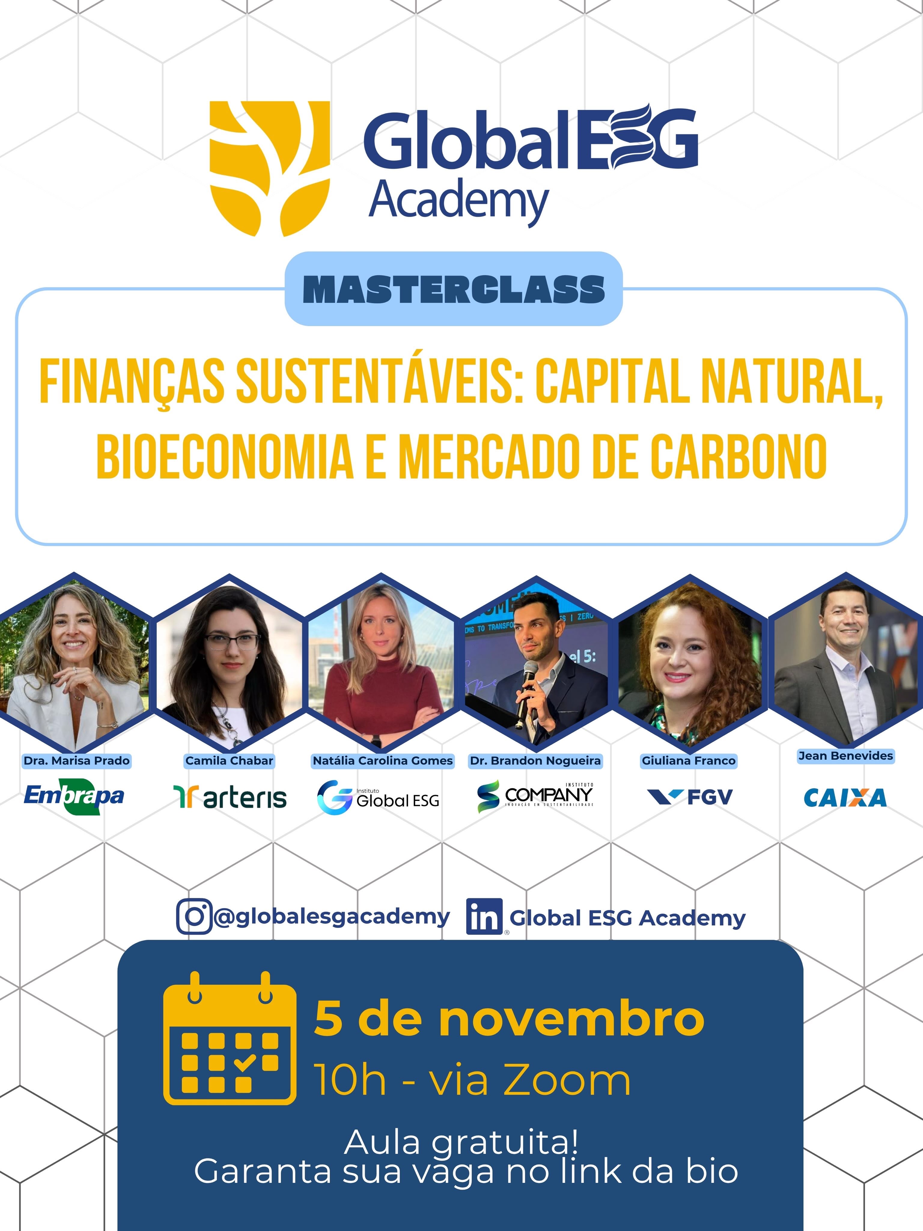 Arte oficial da masterclass Finanças Sustentáveis, com cinco convidados e Natália Carolina Gomes na mediação.