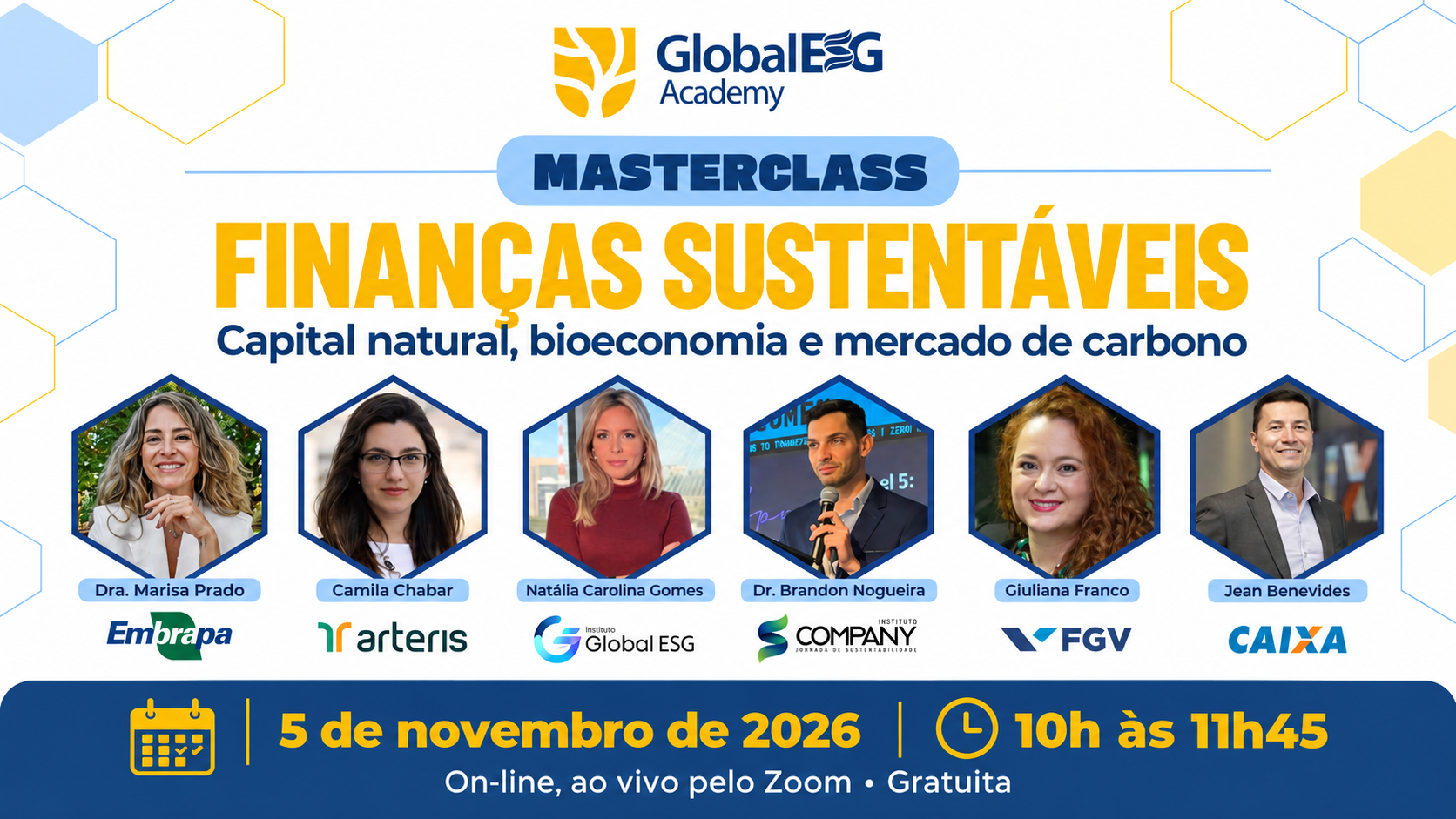 Global ESG Academy anuncia masterclass de finanças sustentáveis em 5 de novembro de 2026, com seis participantes.