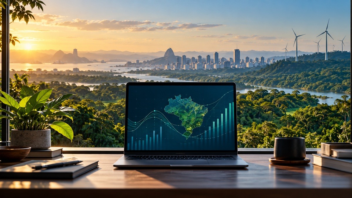 Ilustração de notebook com mapa do Brasil e gráficos, diante de vegetação, cidade e turbinas eólicas, representando finanças sustentáveis.